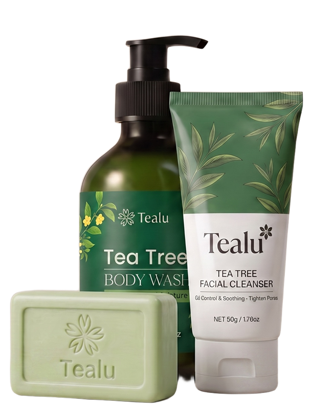 Tealu tea tree body wash, facial cleanser and branded soap bar