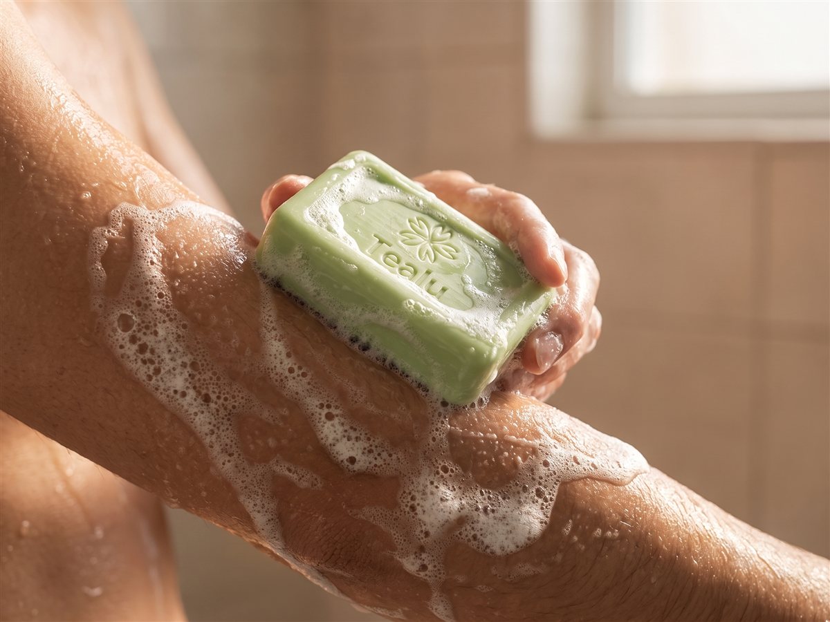 Bar of Tealu soap sitting in a shower caddy as part of a simple daily routine