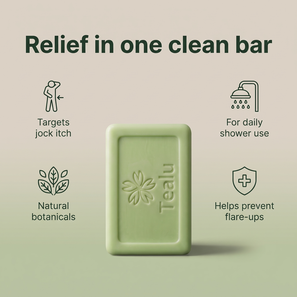 A man in a sunlit bathroom holding a Tealu soap bar after showering