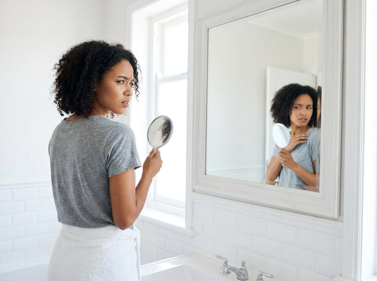 Woman in a bathroom examining a skin breakout on her neck with a hand mirror