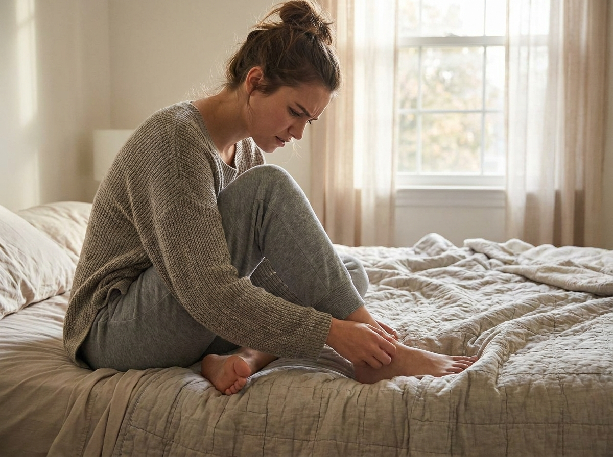 Woman sitting on a bed examining her bare feet with concern