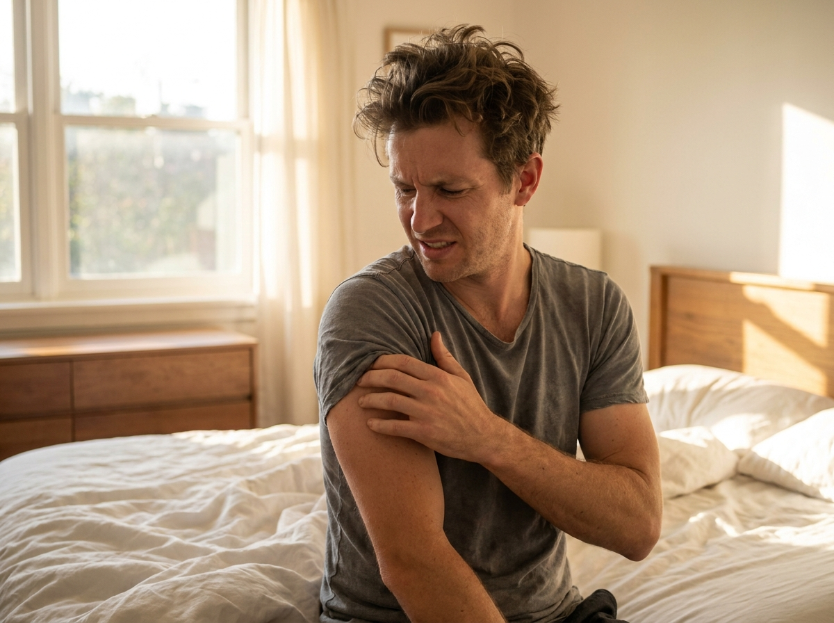 Man sitting on a bed, scratching an itchy patch on his upper arm