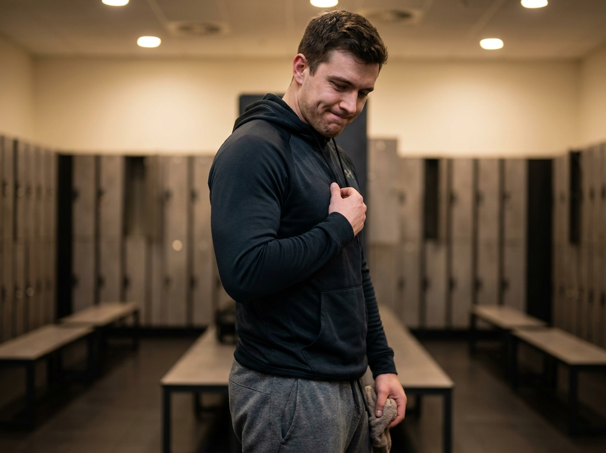 Man in a gym locker room checking his shirt collar, concerned about body odour